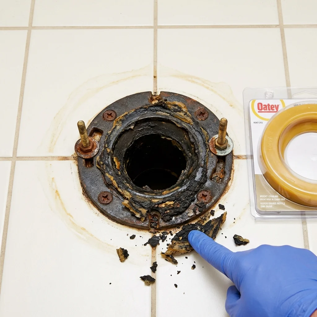 Failed wax ring showing water seepage at the base of a toilet in a Gonzales, TX home