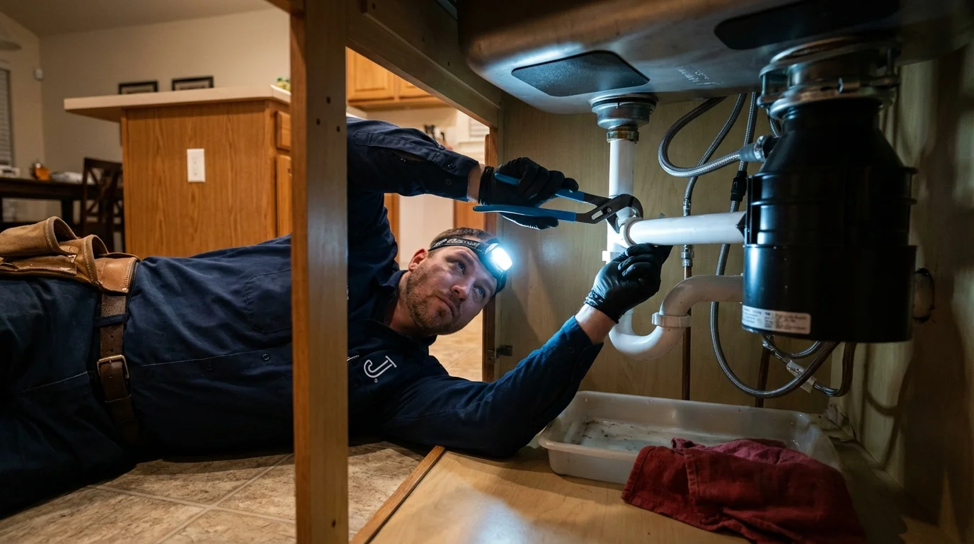 P-trap and supply line connections under a kitchen sink showing a common leak point in Gonzales, TX